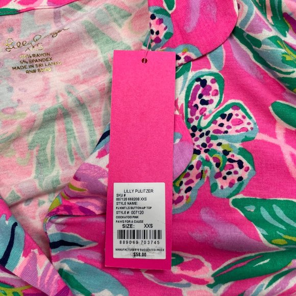 Lilly Pulitzer PJ Knit LS Button Up Top Cockatoo Pink Paws For a Cause Floral - Picture 3 of 5